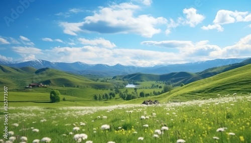 A stunning spring day landscaping views of fertile land surrounded beautiful green vegetation, wide stretches of hills and mountains with clear skies in spring