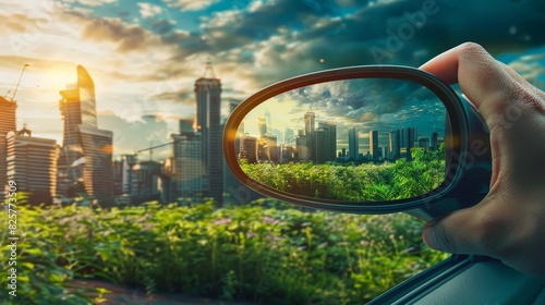Close-up of hand wiping a car mirror, cloudy sky, revealing a thriving green city with electric vehicles, clean environment concept