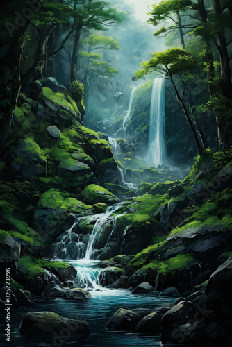 Image of waterfall in forest with green moss.