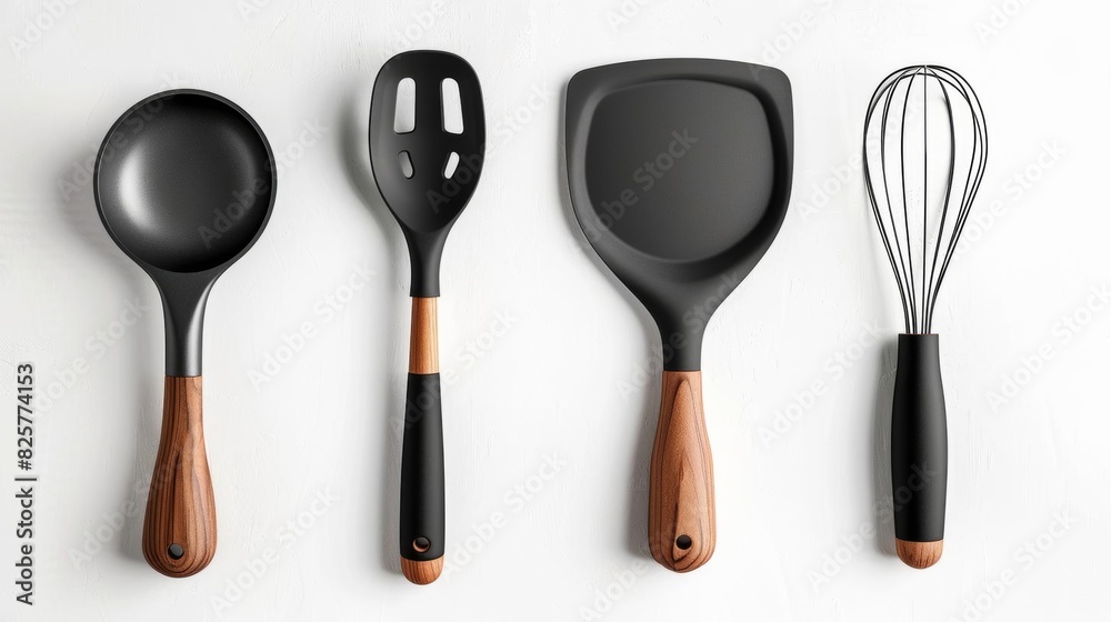 A set of four black kitchen utensils. The handles are made of wood. The set includes a ladle, a slotted spoon, a spatula, and a whisk. A set of four black kitchen utensils. The handles are made of wood. The set includes a ladle, a slotted spoon, a spatula, and a whisk.