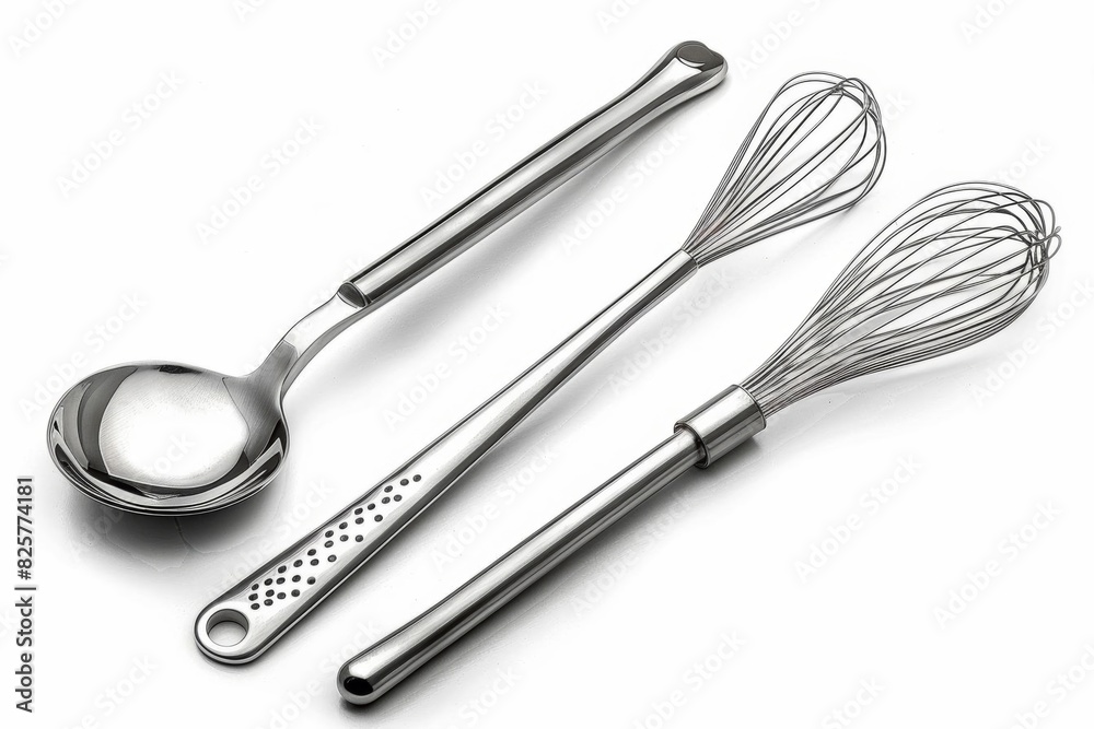 Image shows a stainless steel spoon, whisk, and spatula. Image shows a stainless steel spoon, whisk, and spatula.