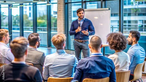Startup Pitch Event: An entrepreneur pitching their startup idea to a group of potential investors at a pitch event, highlighting public speaking and persuasion.
