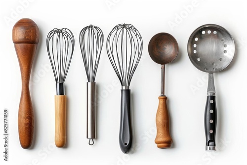 A variety of kitchen utensils are arranged in a row on a white background. The utensils include a wooden spoon  a whisk  a ladle  and a slotted spoon.