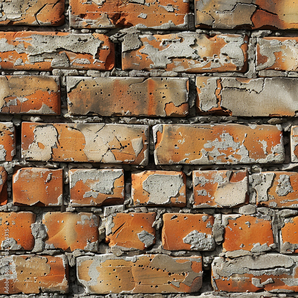 A close-up view of an old, weathered brick wall with peeling paint and visible damage, showcasing a rustic texture and aged appearance.