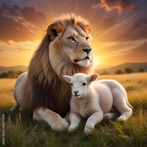 Jesus Christ  Lamb of Sacrifice  Lion of Triumph. The duality of Jesus. Lion and lamb in the meadow at sunset. Animal portrait. 
