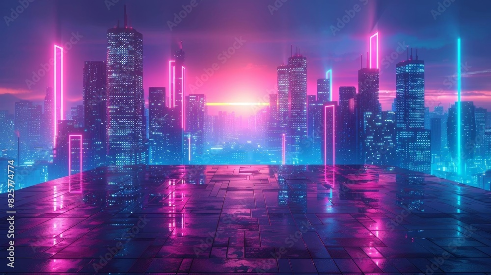 A digital painting of a cyberpunk city at night