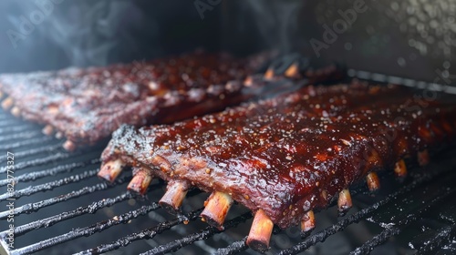 Delicious baby back ribs slow cooked to perfection in a smoker photo