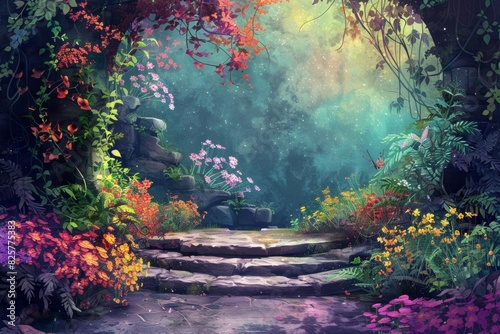 A beautiful, vibrant, and colorful fantasy landscape painting of a stone path leading through a lush forest © sunchai