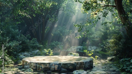 A mystical stone platform sits in a sunlit forest glade. Soft rays filter through the trees, creating an ethereal atmosphere. Perfect for a product display or magical photoshoot.