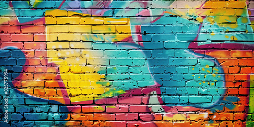  A perspective shot of a brick wall with vibrant graffiti art, showcasing colorful and creative street art against the rough brick texture.
