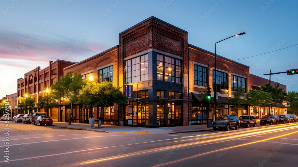 Obraz premium Contemporary commercial building at a street corner with brick facade and large windows, captured at dusk with street lights creating a welcoming ambiance in an urban setting. 