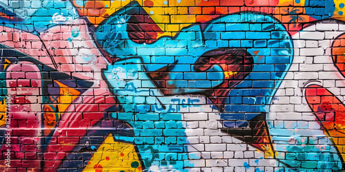 A perspective shot of a brick wall with vibrant graffiti art  showcasing colorful and creative street art against the rough brick texture.  