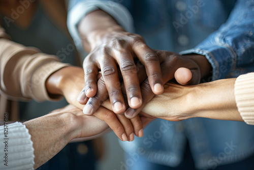 Multiracial young people stacking hands, supporting each other
