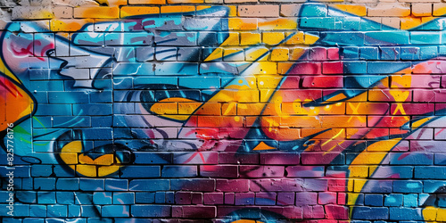 A perspective view of a brick wall adorned with vibrant graffiti art, highlighting colorful and creative street art against the rough brick texture. 