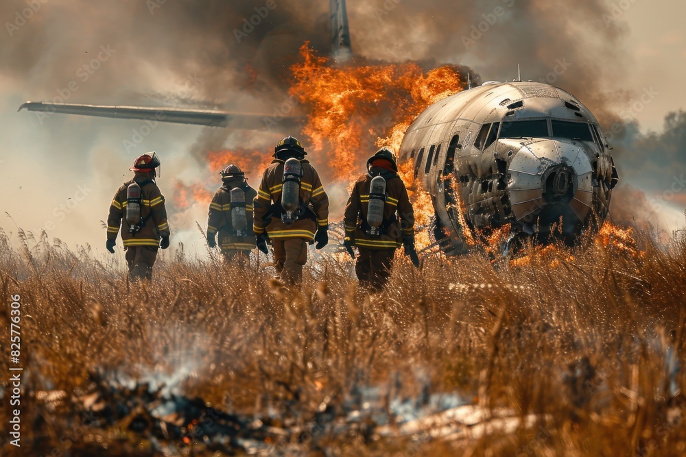 Fototapeta premium A group of firefighters are standing in front of a burning airplane