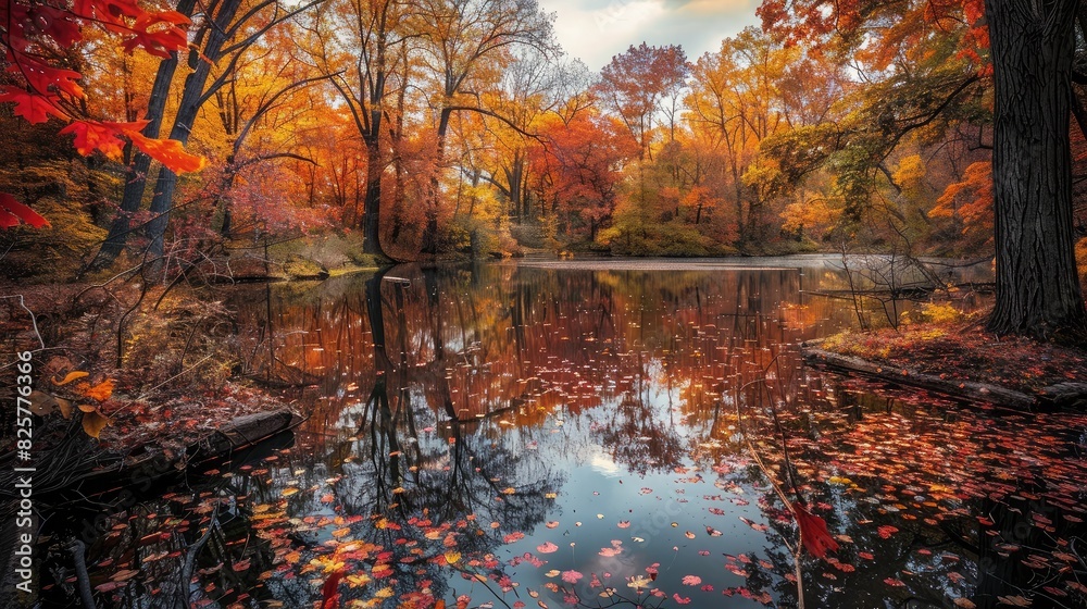 A tranquil pond surrounded by trees ablaze with fall colors, offering a reflective oasis in the leafy season. A tranquil pond surrounded by trees ablaze with fall colors, offering a reflective oasis in the leafy season.