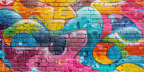 A perspective view of a brick wall adorned with vibrant graffiti art  highlighting colorful and creative street art against the rough brick texture. 