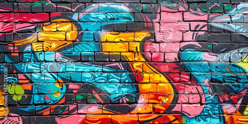 A perspective view of a brick wall adorned with vibrant graffiti art, highlighting colorful and creative street art against the rough brick texture. 