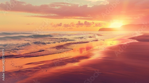 A tranquil sunset over a pristine beach, with the sky painted in hues of orange and pink.