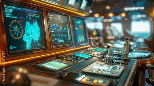 A technician on a cruise ship checks navigation systems in the control room, Generated by AI photo