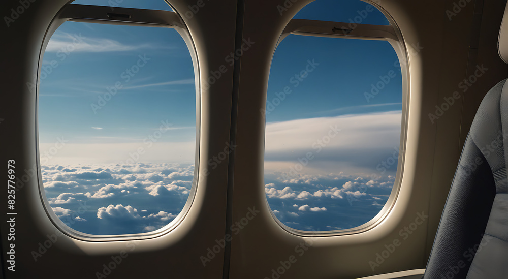 Fototapeta premium A portrait and close up image of an airplane window seat with sky view visible through the window, copy space 