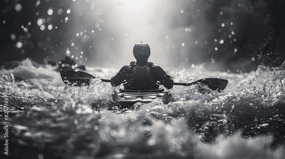 A man during a kayak slalom on a rushing river. Canoeing. Discipline of the Olympic Games A man during a kayak slalom on a rushing river. Canoeing. Discipline of the Olympic Games