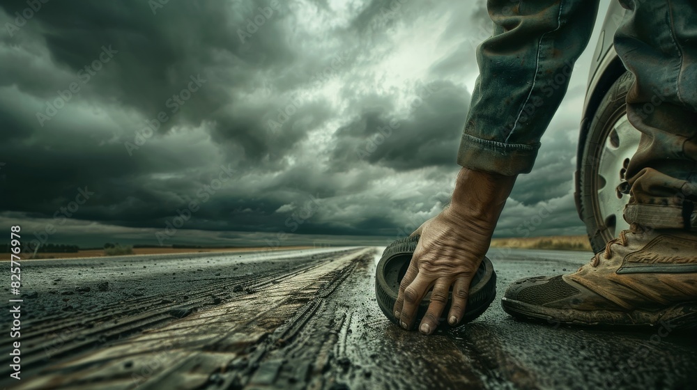 Close-up of an auto mechanic's hands skillfully replacing a flat tire on a car, road stretching into the distance with dark, overcast clouds