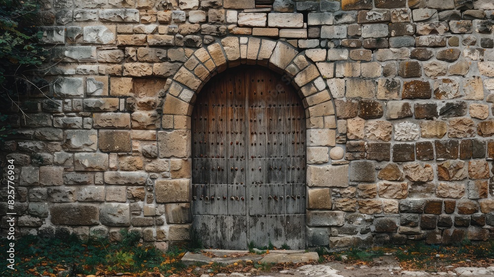 A vintage stone wall with arched doorways, reminiscent of medieval architecture.