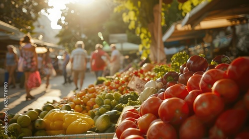 A vibrant outdoor market bustling with activity, showcasing seasonal fruits and vegetables in the hot summer season.