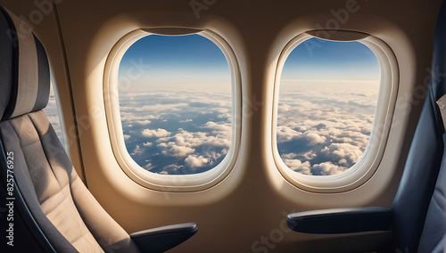 A portrait and close up image of an airplane window seat with sky view visible through the window, copy space 