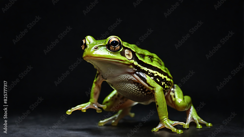 Fototapeta premium a portrait of a green frog jumping in an isolated black background with copy space 