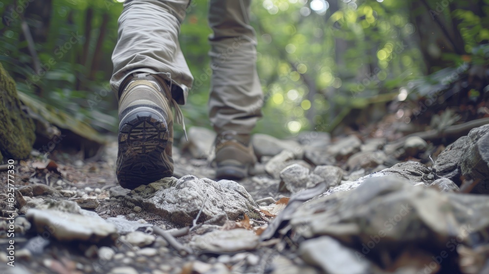 Man with hiking shoes navigating a rocky trail A young hiker treks through the wilderness