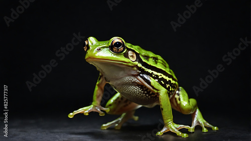 a portrait of a green frog jumping in an isolated black background with copy space 