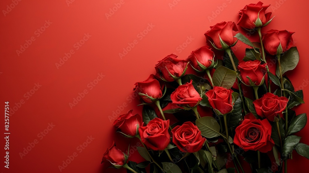 Bouquet of red roses arranged elegantly on a striking red background, creating a captivating Valentine's Day banner, full of love Bouquet of red roses arranged elegantly on a striking red background, creating a captivating Valentine's Day banner, full of love