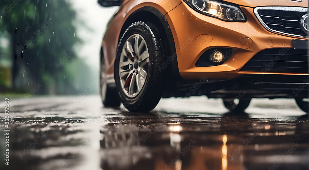 custom made wallpaper toronto digitala close up of a Car tire on a wet road in rainy day, selective focus with copy space
