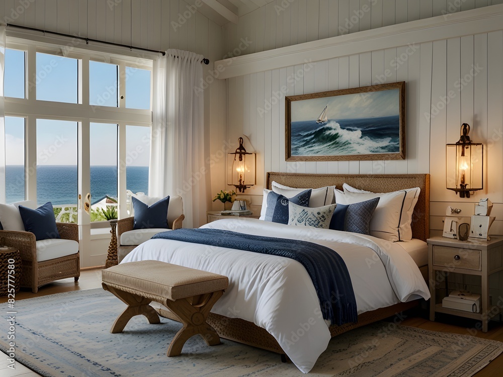 Coastal-inspired bedroom with nautical decor and light, airy colors, generative AI