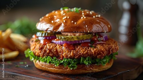 Savory Fried Chicken Sandwich with Pickles and Sauce in Crispy Detail