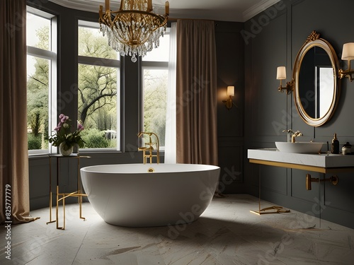 Elegant bathroom with a freestanding tub and gold fixtures  generative AI