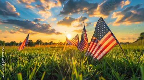 American flags in a serene grassy meadow, illuminated by a warm, glowing sunset, reflecting the spirit of Memorial Day photo