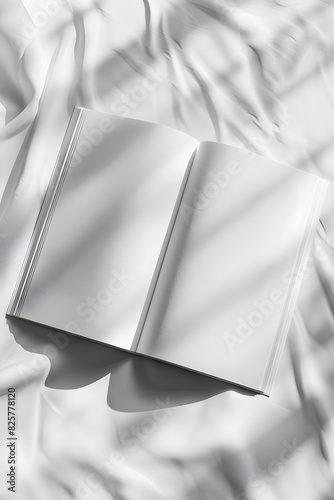 An open book with grey handwriting rests on a white clothcovered bed photo