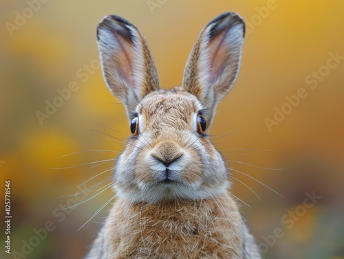 A brown rabbit is standing in a field with yellow flowers. photo