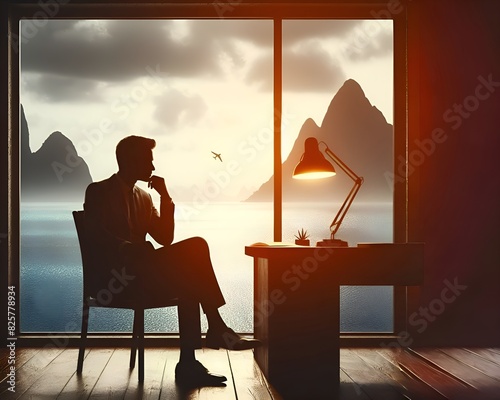 The Silhouette Of A Thoughtful Man Sitting At A Table Against The Background Of A Window With Oceans And The Sea, A Restless Man Sitting At A Table With A Desk Lamp, Generative AI