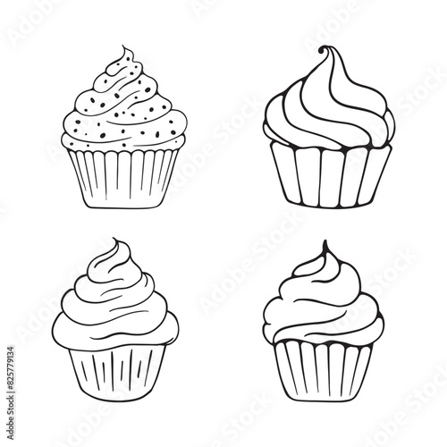 Cupcake Doodle Line Art Design. Cupcake Cartoon Illustration In Black Color