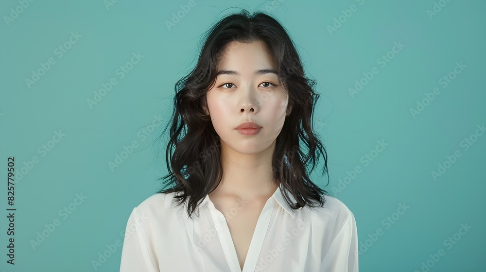 Asian woman in white blouse on turquoise studio background Asian woman in white blouse on turquoise studio background