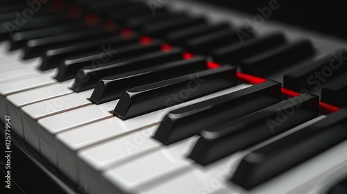 A close up of a piano keyboard with red keys.
