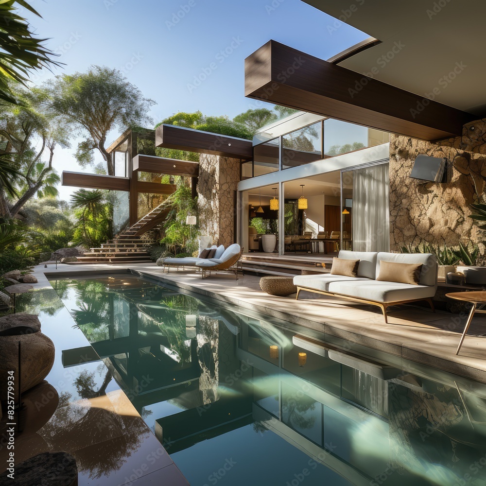 Fototapeta premium modern villa pool interior, scandinavian interior design