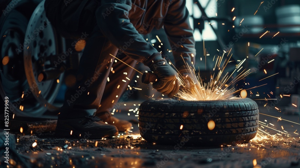 Action shot of a mechanic using a power tool to remove a tire, sparks flying in a gritty, urban garage Action shot of a mechanic using a power tool to remove a tire, sparks flying in a gritty, urban garage