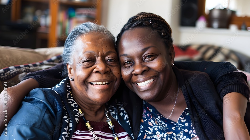 African American senior mother and adult daughter smiling together, showing a strong family bond in a cozy home setting. African American senior mother and adult daughter smiling together, showing a strong family bond in a cozy home setting.