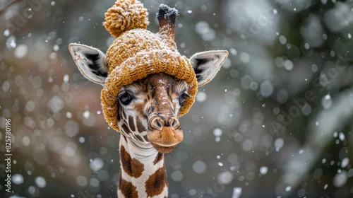 Obraz A giraffe wearing a knitted hat in the snow.