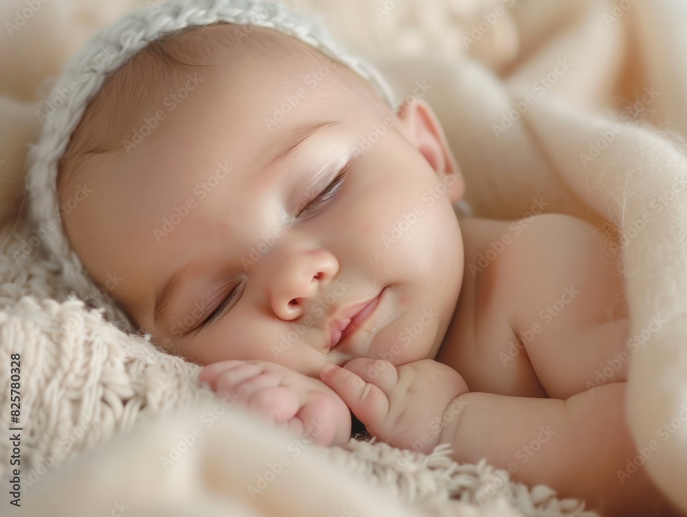 A baby sleeping on a blanket with her hands on her head. A baby sleeping on a blanket with her hands on her head.